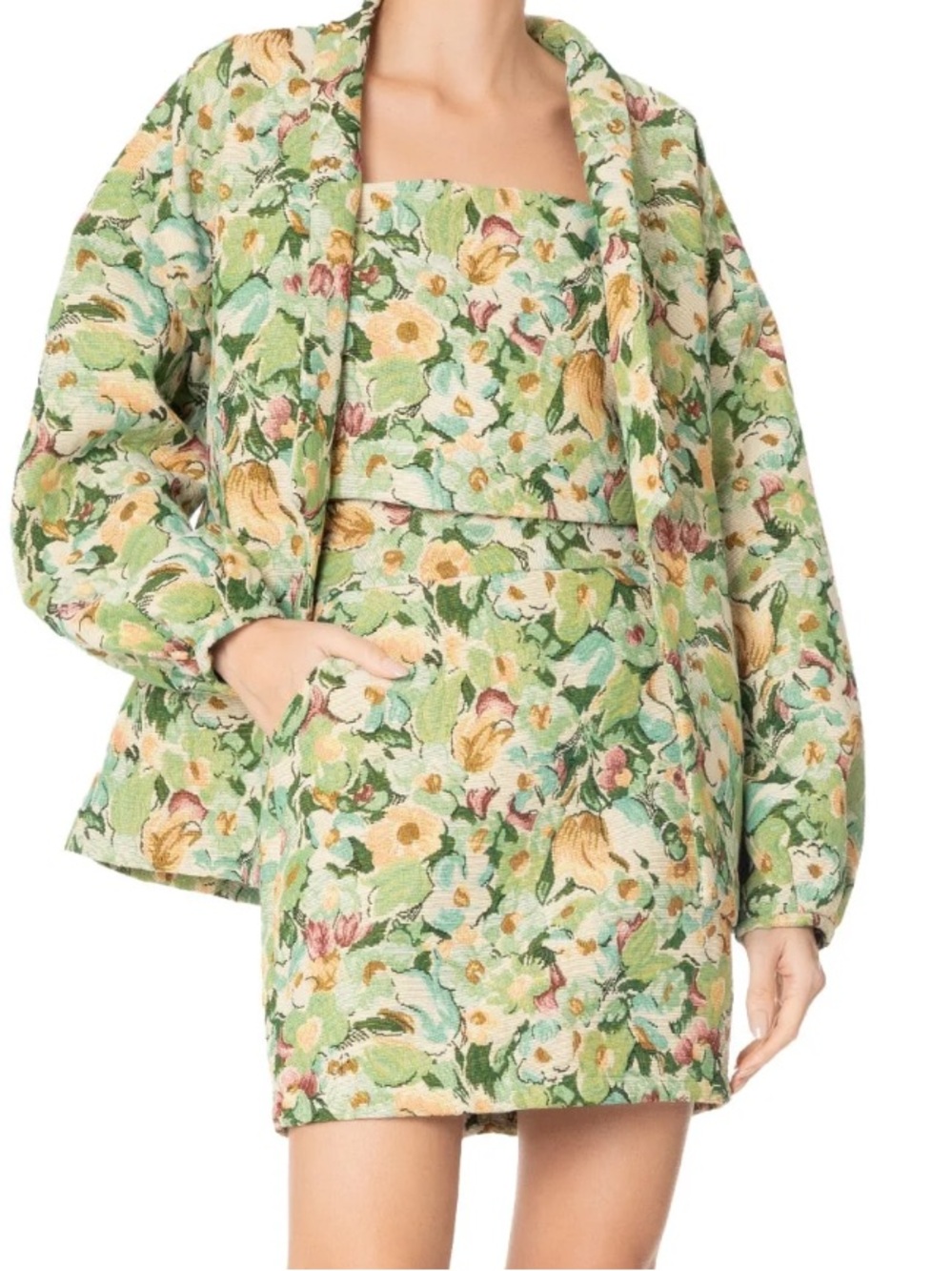 Animale Floral Jacquard Jacket in Cream, Green, Teal and Rust. Size 38. Skirt 36
